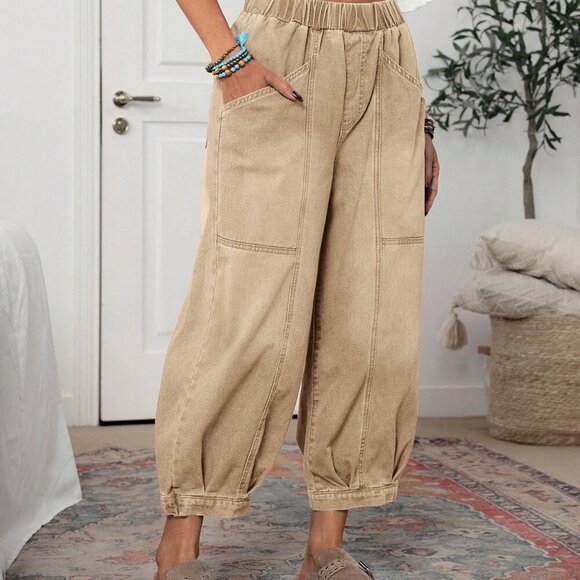 Khaki Casual Women's Vintage Elastic Waist Jeans - Picture 6 of 6